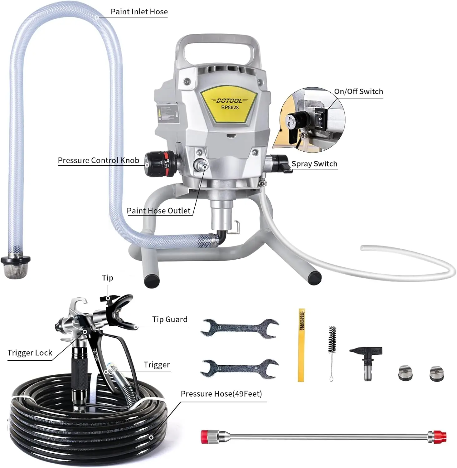 Airless Paint Sprayer,3300PSI High Efficiency Paint Sprayer Gun,Thinning-Free,with Extension Pole Other Accessories,for Home Int