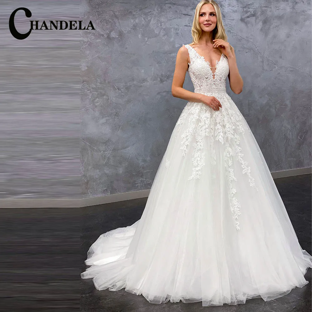 

CHANDELA Elegant Wedding Dresses Scoop Lace Appliques A-Line Pleat Bridal Gown Vestido De Casamento Customised For Women