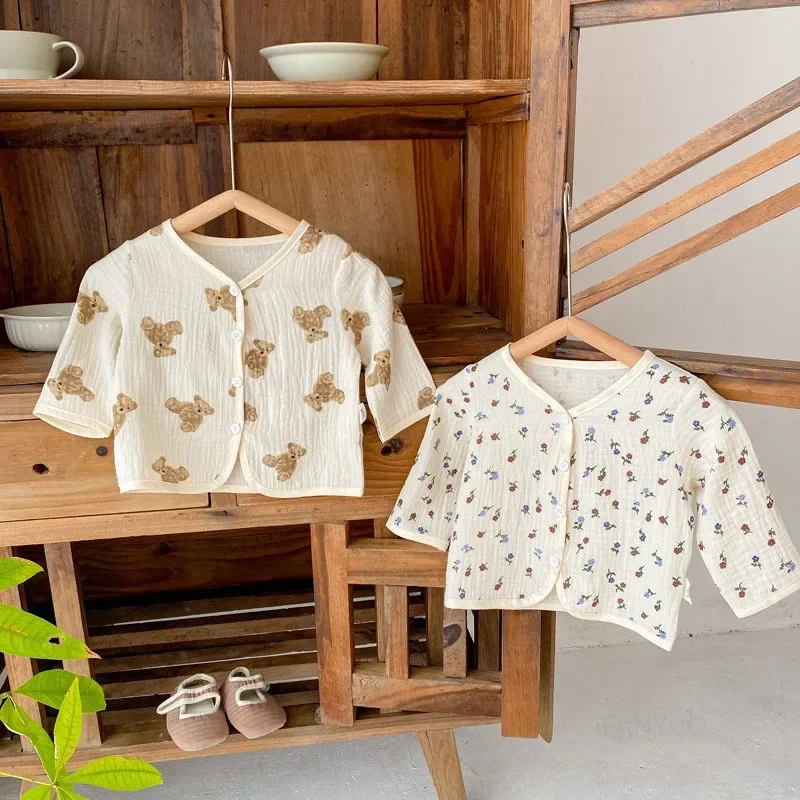 Spring Summer Kids Outerwear Sunscreen Clothing Girls Boys Baby Bear Flower Thin Coat Cardigan Newborn Infant Mosquito Proof Top