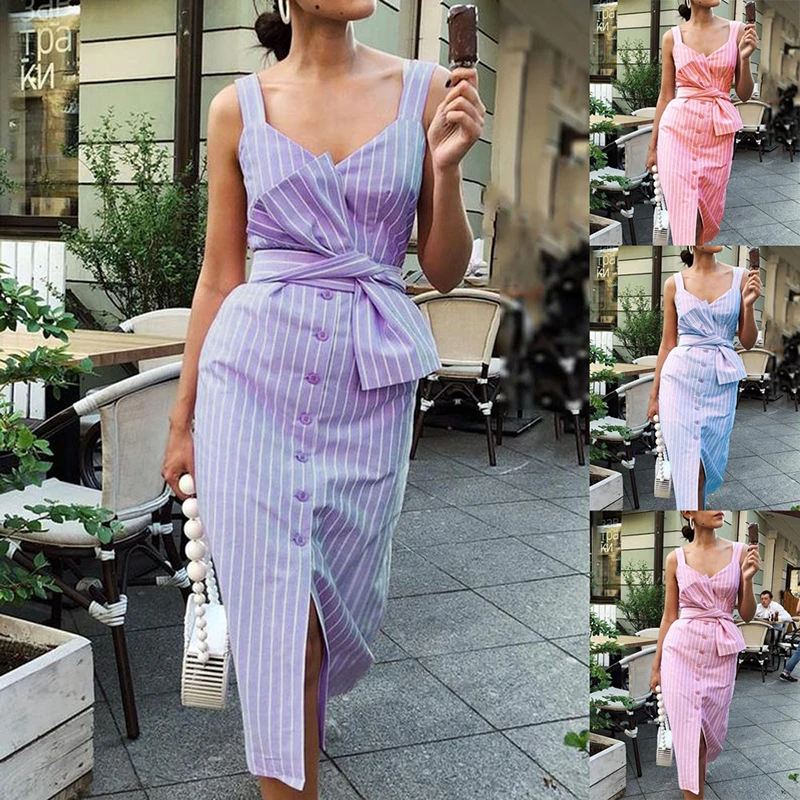 

Summer Dress Women 2022 Button Up Vneck Pink Striped Bow Bodycon Elegant Shirts Office OL Party Sexy MIDI Tank Dress Vestidos