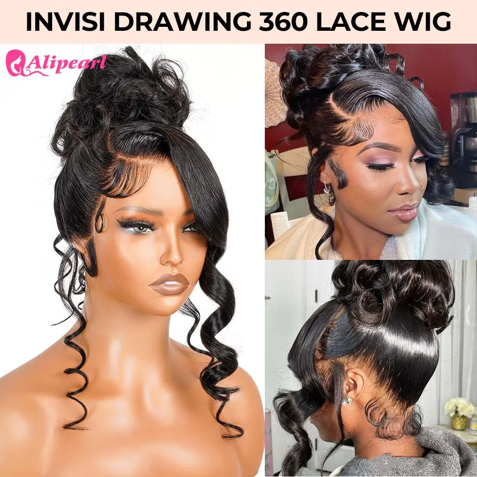 Alipearl Hair Deep Side Part Wave with Bangs Hair Natural Look Invisi Drawing 360 Lace Wig Beginner Friendly Hairstyle
