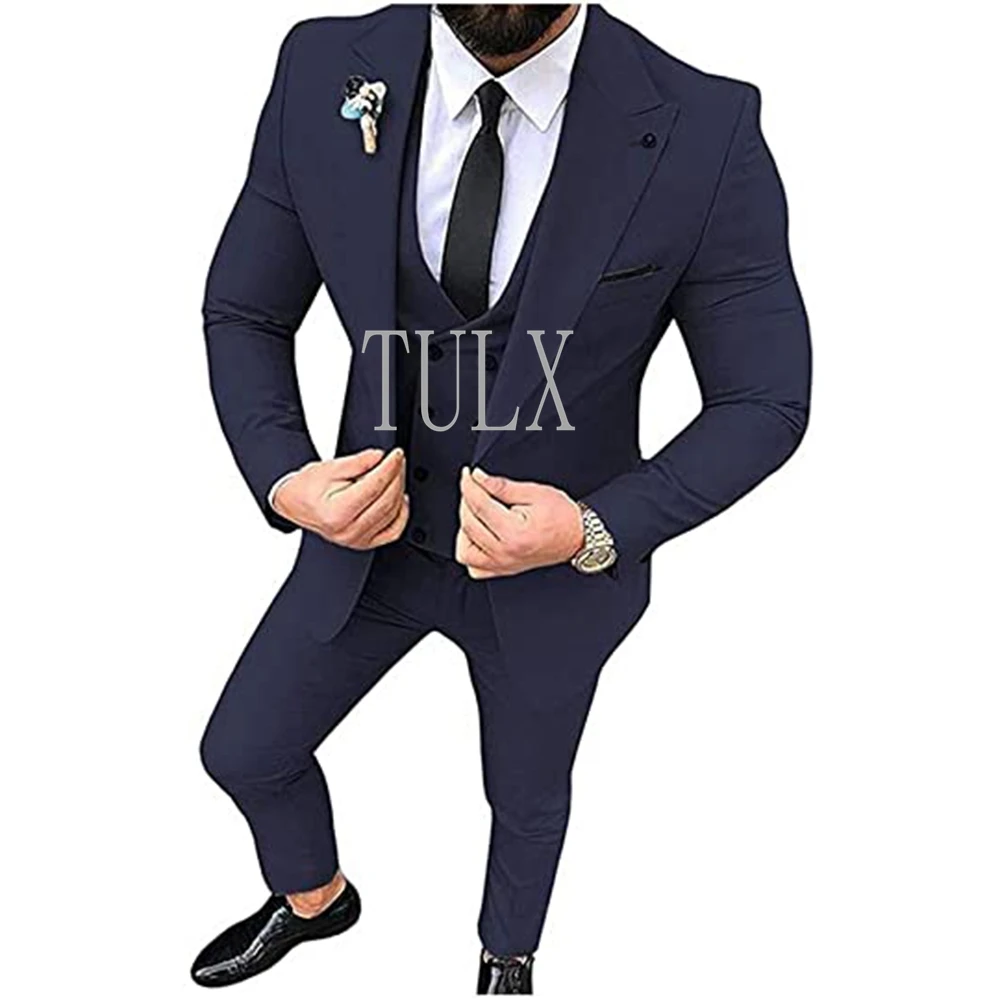Formal Suit Men 3 Piece Peak Lapel Slim Fit For Wedding Party Business Casual