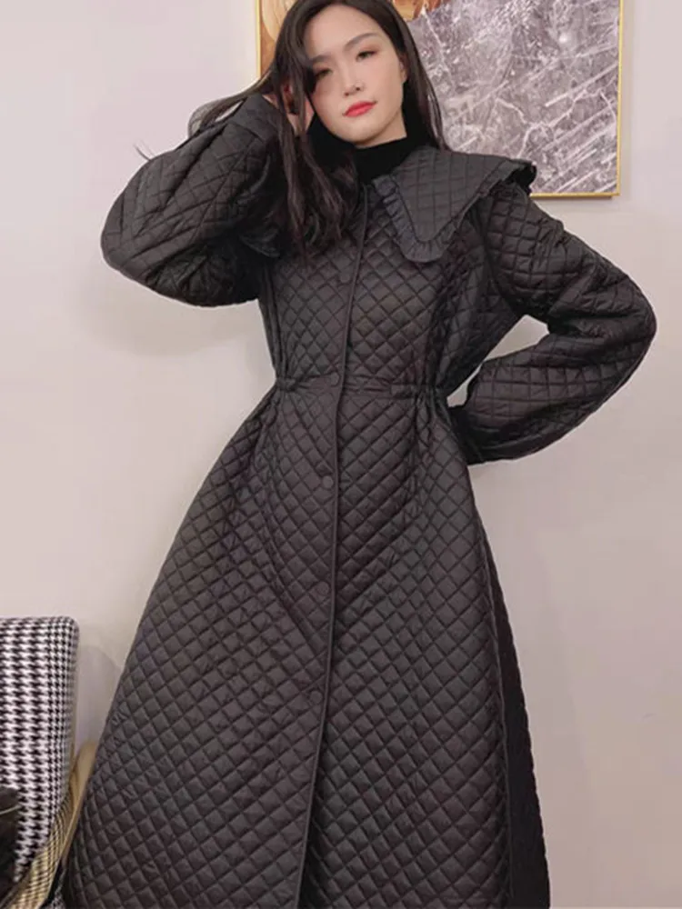 2024 Women Autumn Winter Oversized Parkas Large Collar Long Diamond Check Coats
