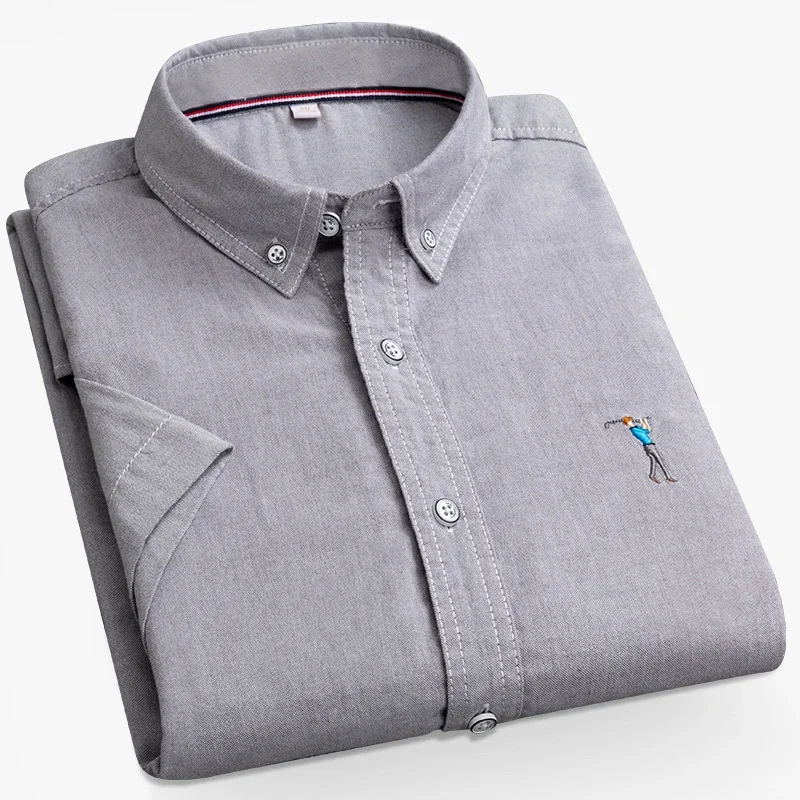 Casual Short Sleeved Shirt Summer Men Short Sleeve Dress Shirts Embroidery Solid Color Turn Down Collar