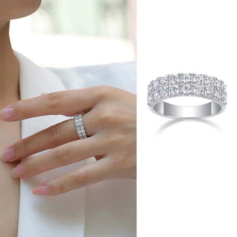 

Shining U S925 Silver D Color Moissanite Two Rows Gems Ring for Women Fine Jewelry Gift