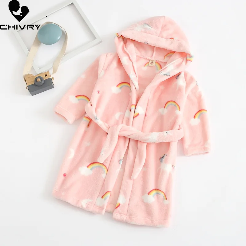 Autumn Winter Kids Hooded Soft Flannel Bathrobe Baby Bath Robes Boys Girls Cute Cartoon Bear Pajamas Long Sleeve Towel Robe