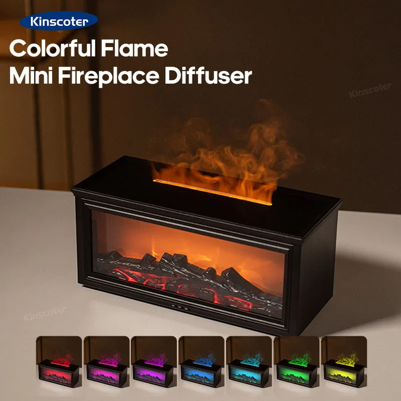 New Colorful Flame Mini Fireplace Aroma Diffuser 280ml Waterless Auto-Off Air Humidifier with Timer Remote Control for Home Gift 1
