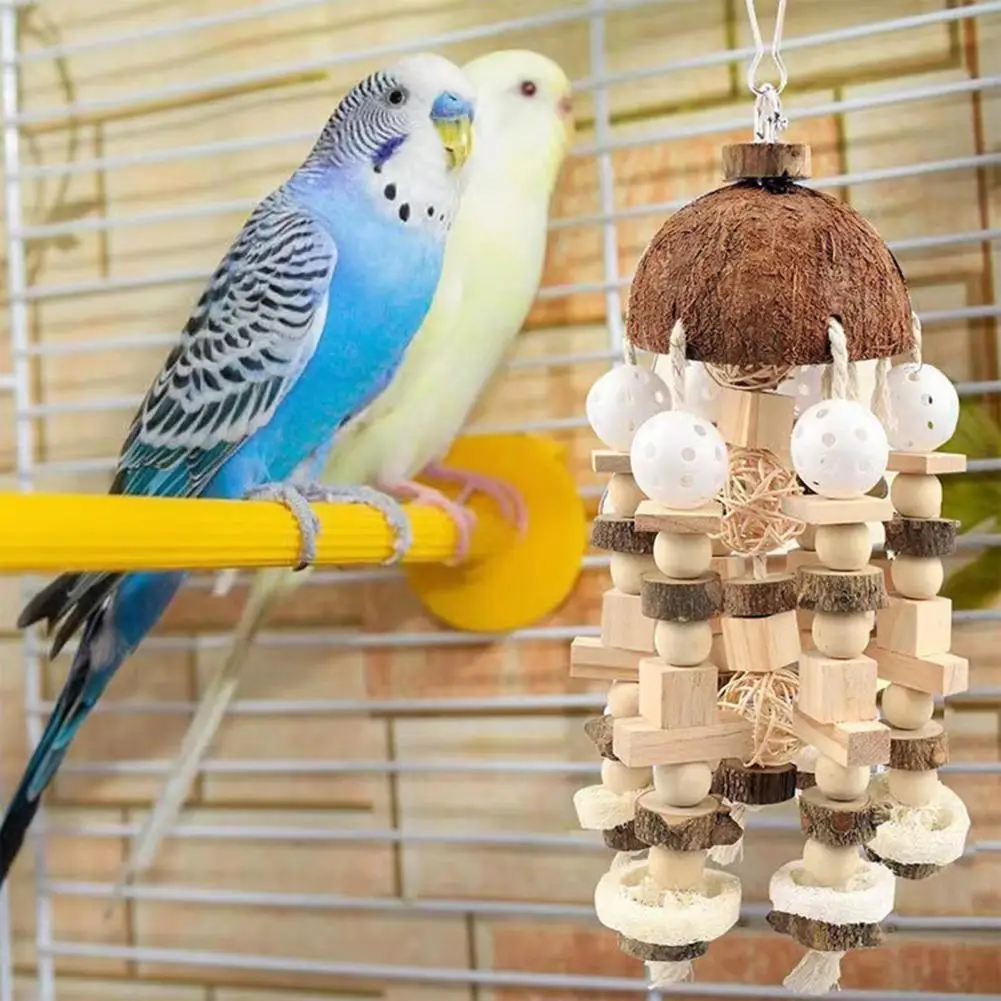 Coconut Shell Parrot Chewing Toy Hanging Natural Wooden Parrot Cage Bite Toy Medium Large Bird Supplies игрушки для попугаев 3