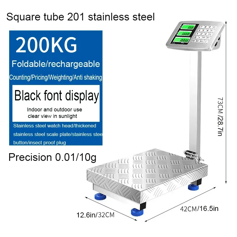 

200kg Commercial Weighing Scale 32X42cm Bench Ccale Electronic Scale Folding Scale Stainless Steel Material Waterproof