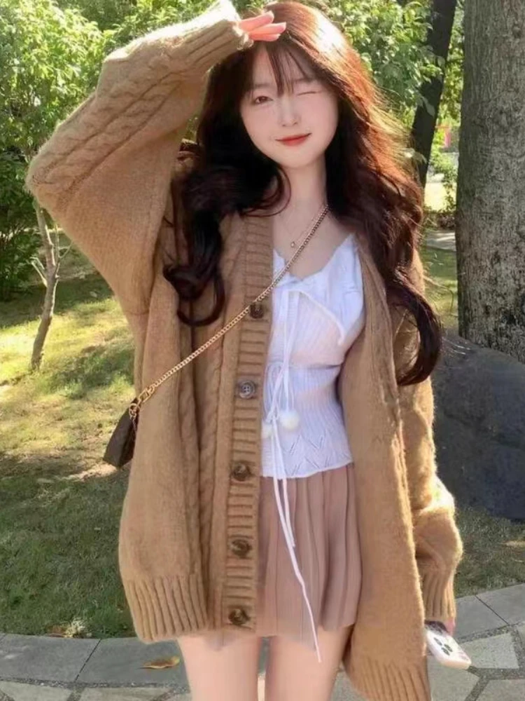 여성용 빈티지 니트 스웨터, 한국 패션, 루즈한 따뜻한 스웨터, 여성 긴팔 캐주얼 단색 가디건 2022, 가을 겨울