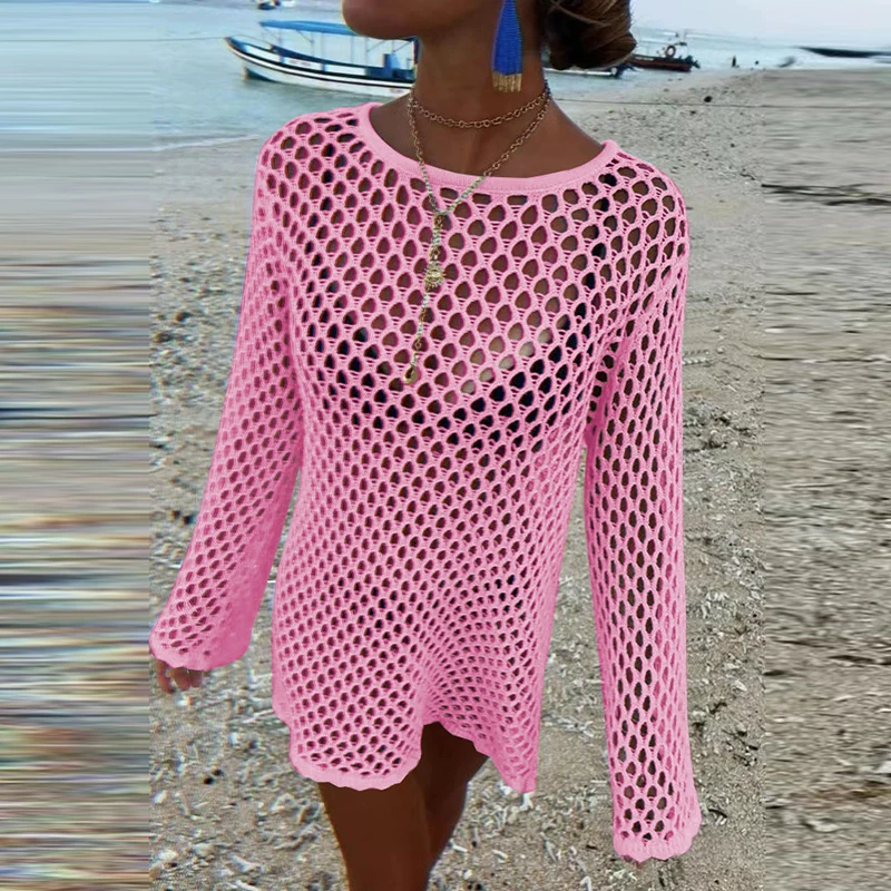 Seaside Hollow Out One Piece Vacation Covers Summer Solid knitted Fish Mesh Pullover Tops Long Sleeve White Full Dresses swimsuit cover up swimsuit coverup fishnet cover up