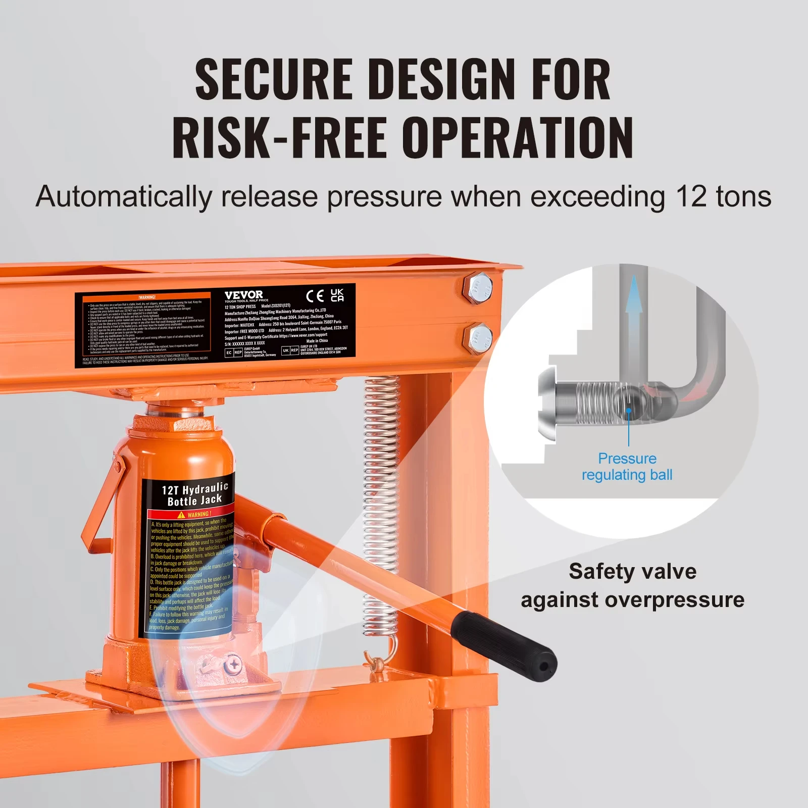 VEVOR 6/12 Ton Hydraulic H-Frame Garage Floor Adjustable Shop Press with Plates 6T/12T Orange for Garages or Professional Shops 3