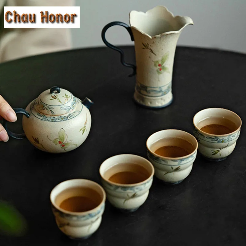 Handmade Gold Drawing Butterfly Orchid Teaware Blue And White Flint Red Tea Pot Tea Brewing Gaiwan Justice Cup Kung Fu Teaset