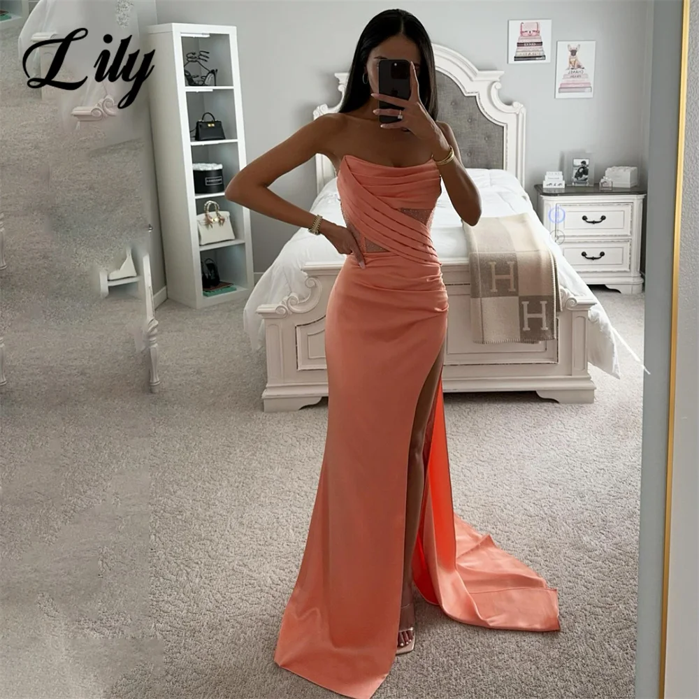 

Lily Orange Woman Evening Dress Gown Mermaid Sexy Pleat O-Neck Night Dresses Gown with High Side Split Custom robes de soirée