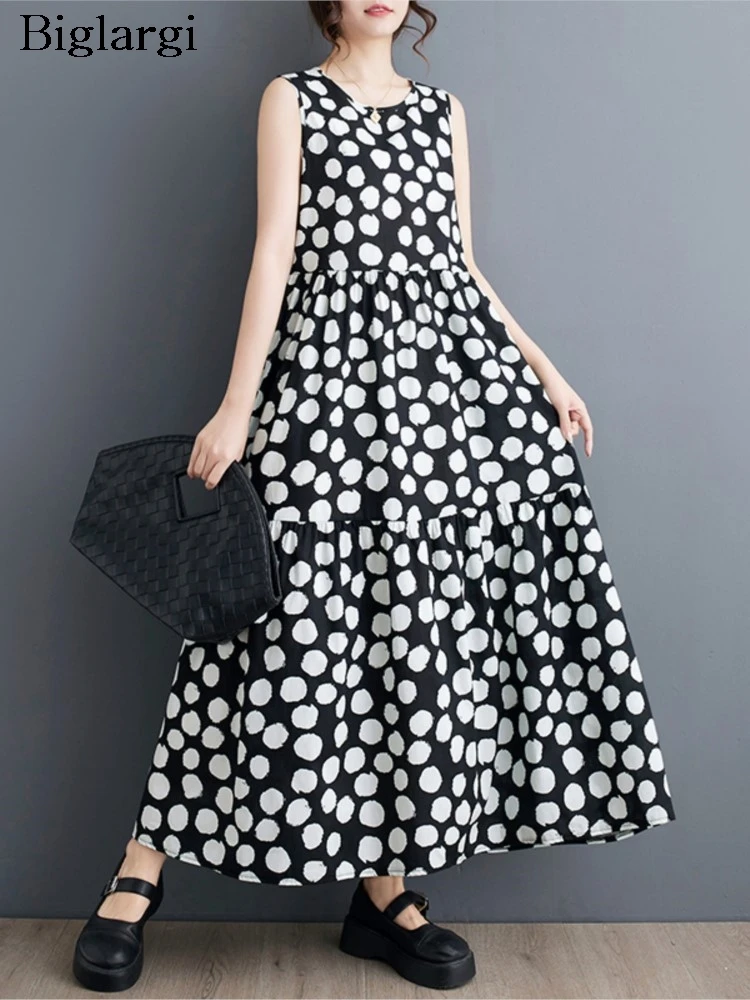 

Oversized Summer Sleeveless Vests Dress Women Polka Dot Floral Print Modis Ruffle Ladies Dresses Pleated Loose Woman Long Dress