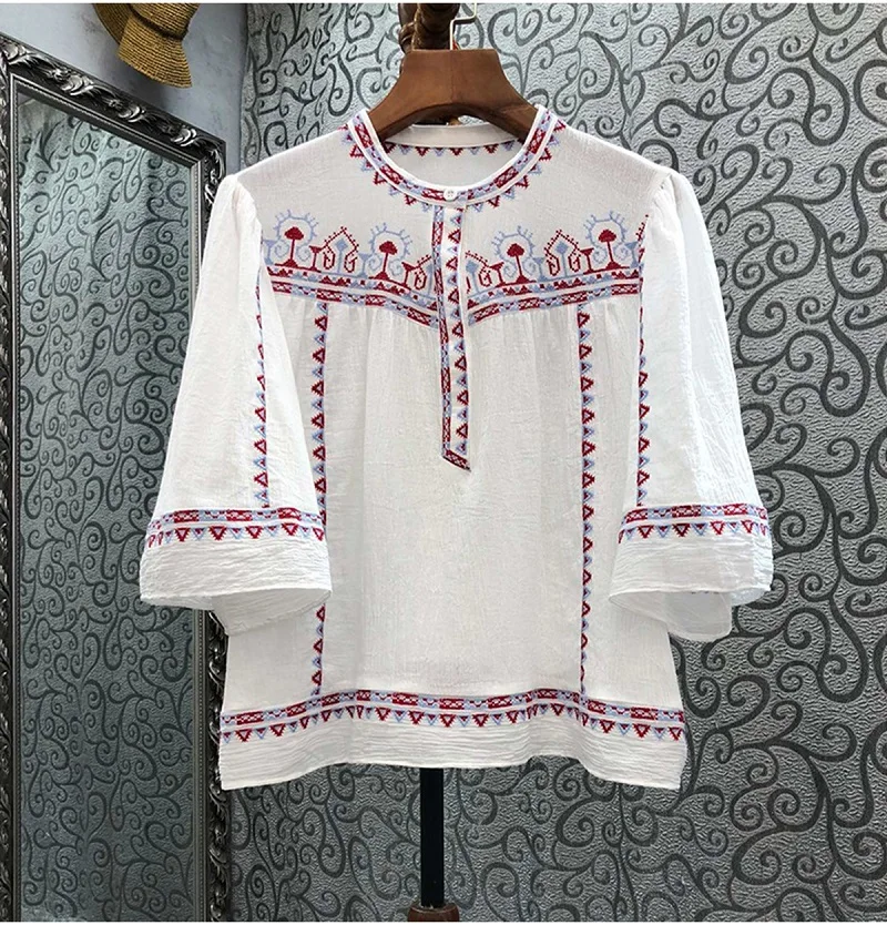 

New Arrival Blouse Shirts 2023 Summer Tops Women Lurex Embroidery 3/4 Sleeve Casual Loose White Blouse Ladies Vintage Tops Blusa
