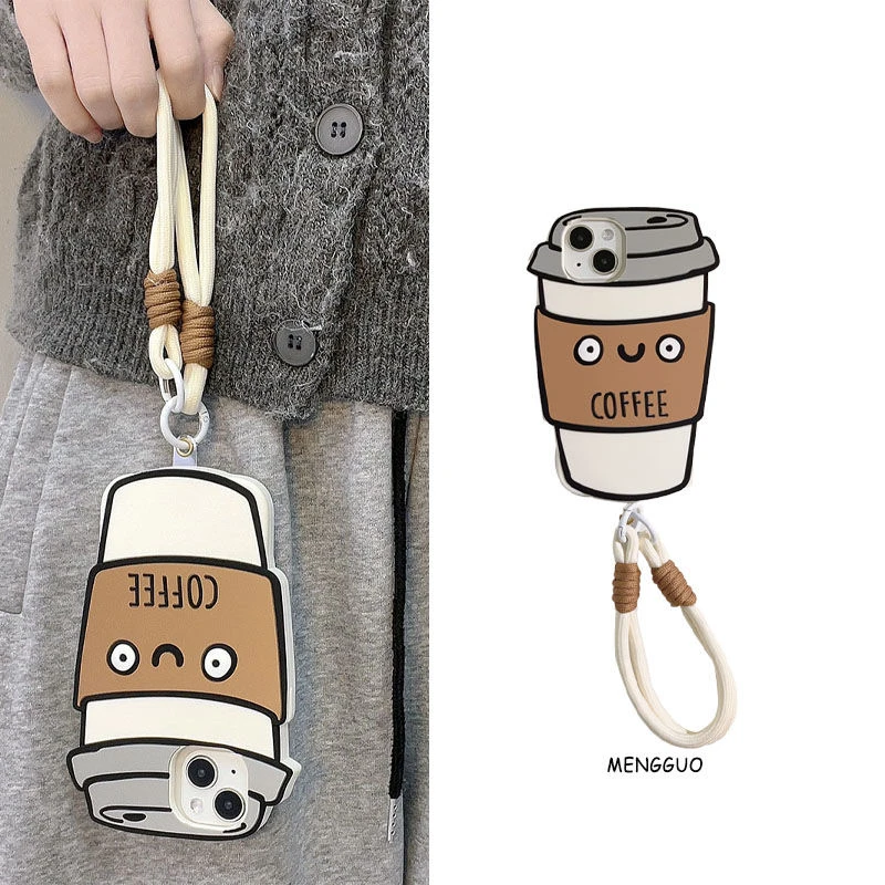 3D Cartoon Coffee Cup Soft Silicone Phone Case with Strap