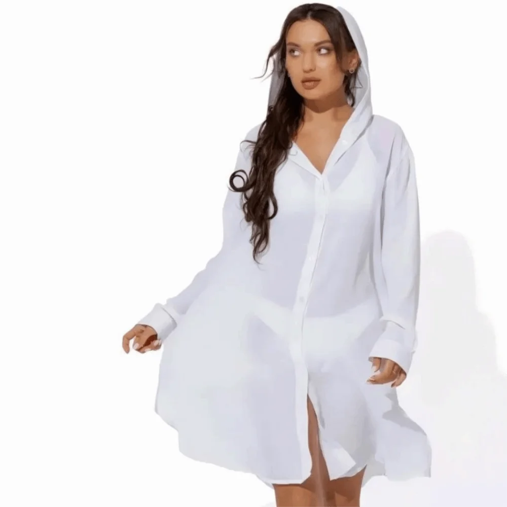 Summer Long Sleeve Button Down Tunic Dress Solid Color Oversized Beach Bikini Cover-up Shirt Dress Vacation Outfit 5