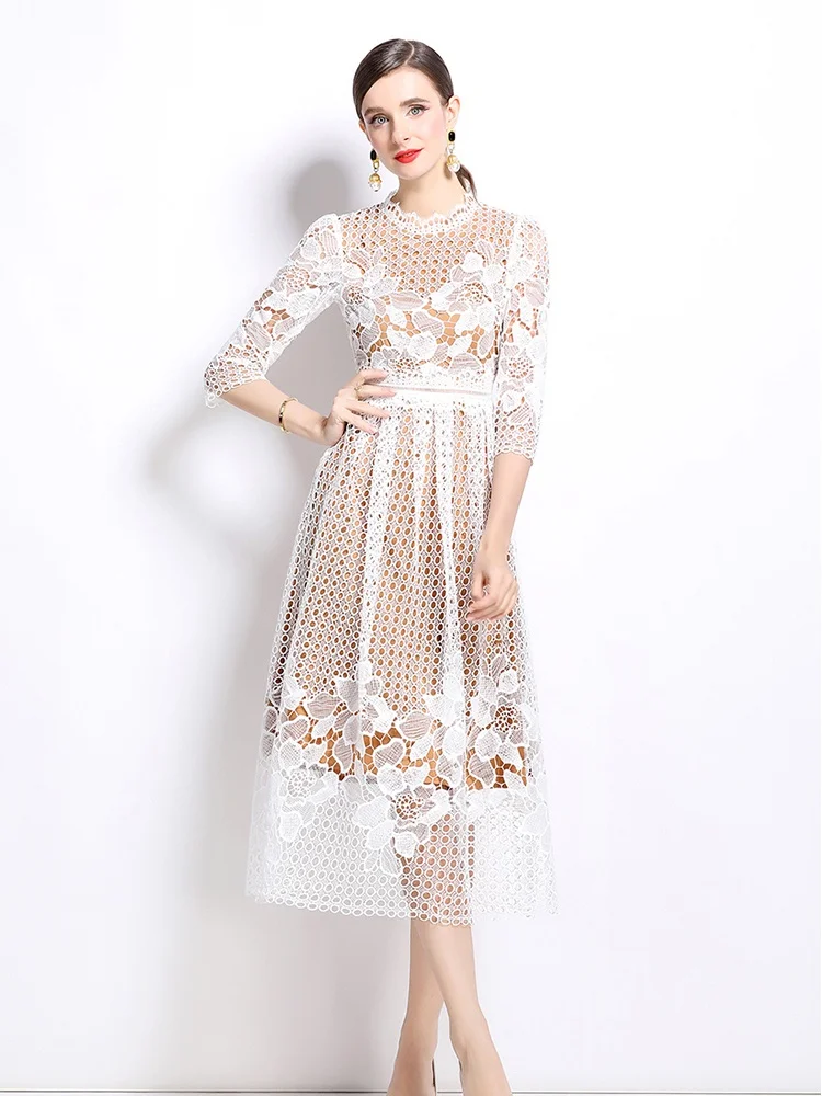 Lace hem ruched hollow out solid midi dress main image 1