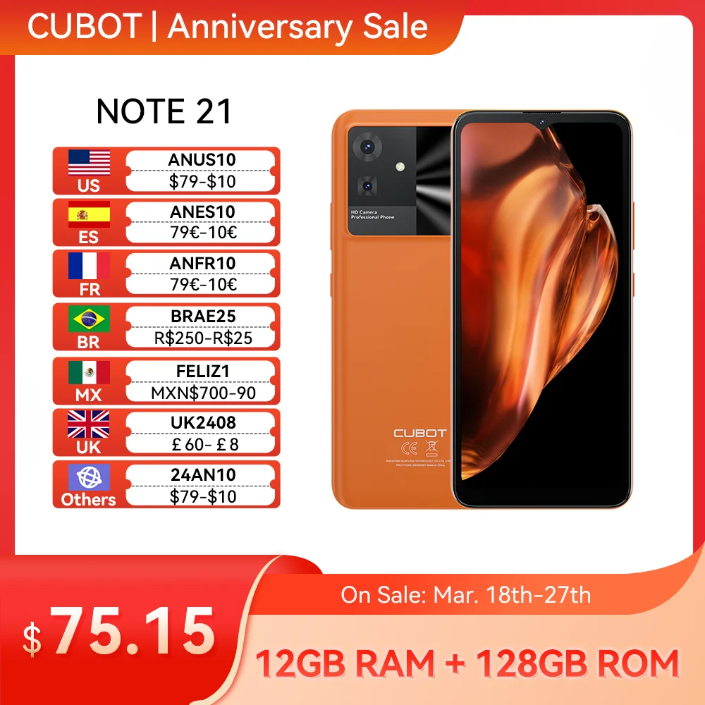 Cubot Note 21, 스마트폰 Android 13, 12GB RAM(6GB+6GB 확장), 128GB ROM, 6.56인치 90Hz 화면, 50MP 카메라, 5200mAh 배터리, Face ID, 옥타 코어， smartphone android, OTG 
