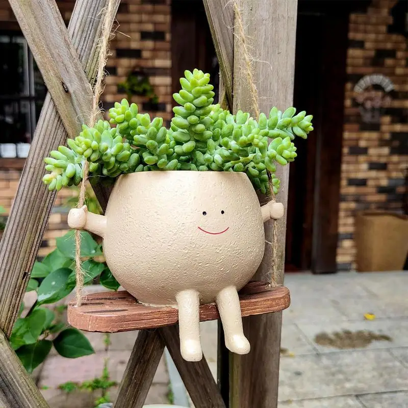 Flower Pot Cute Face Design Swing Vase Versatile Durable Hanging Planter Resin Plant Pot For Indoor & Outdoor Plants Wall Decor