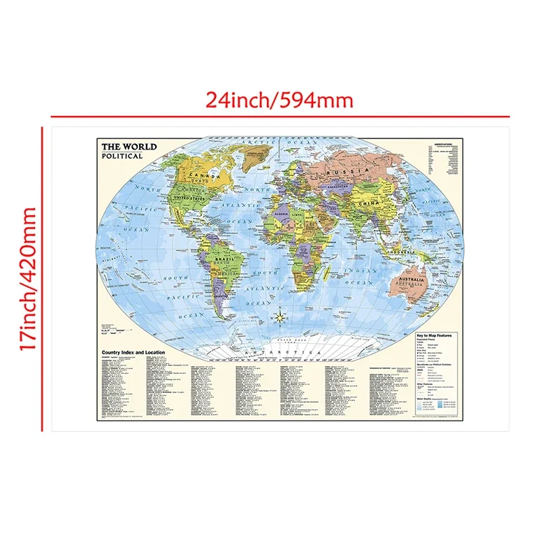 59x42cmThe Map of World in English Decorative Hanging Picture Canvas Classic Edition Poster and Print Travel Map School Supplies