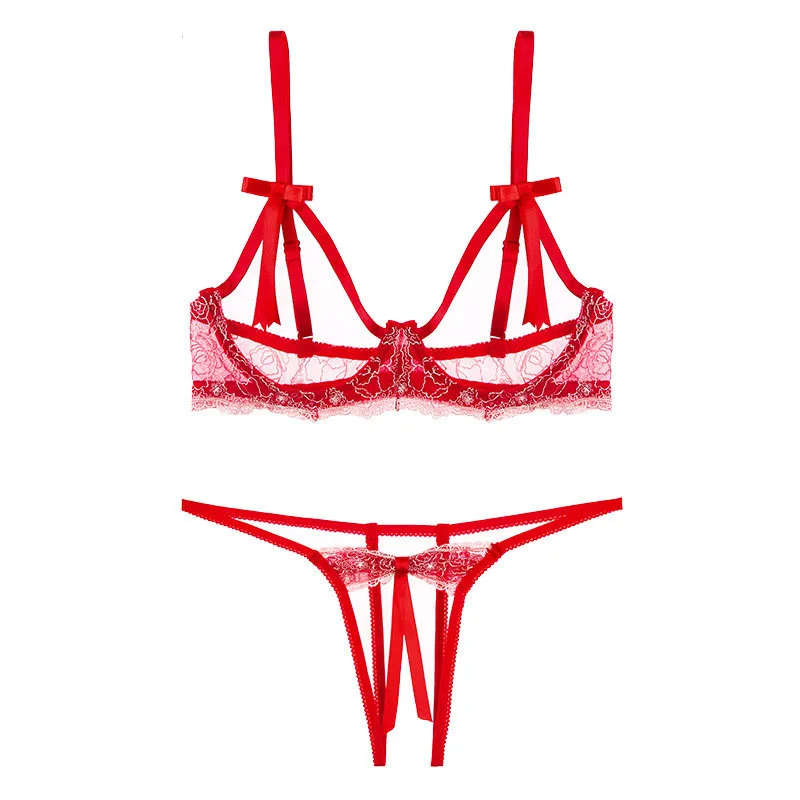 Hot sale three point sets embroidery lingerie perspective sexy