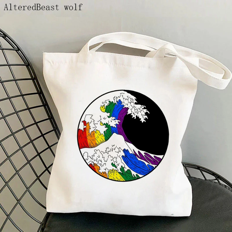 Women Shopper bag non binary pride wave Kawaii Bag Harajuku Shopping Canvas Shopper Bag girl handbag Tote Shoulder Lady Bag