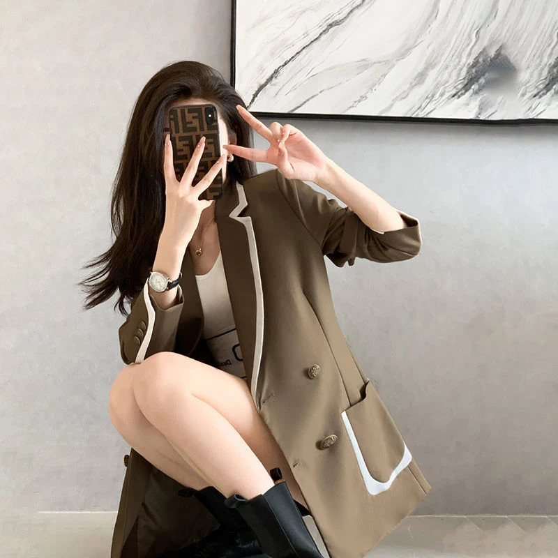 Autumn Winter Korean Fashion Elegant Patchwork Blazers Ladies Loose Caual All-match Buttons Coat Top Female Jacket Women Outwear