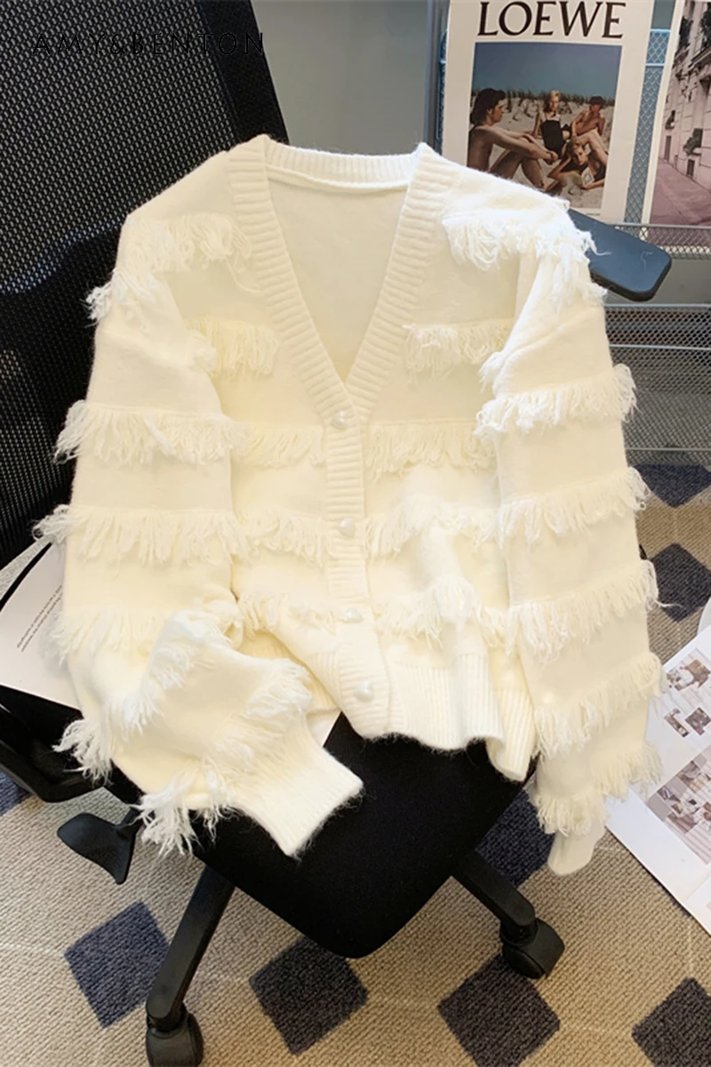 

French V-neck Tassel Short Lazy Sweater Coat Women Fall Winter High Sense Fashion Ruffles White Knitted Cardigan Jacket Sweaters