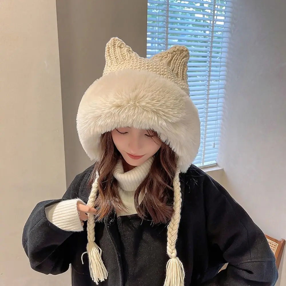 

Cat Ears Cute Beanie Hat New Knitted With Braid Ski Cap Ear Protection Plush Earflap Bonnet Women Lady