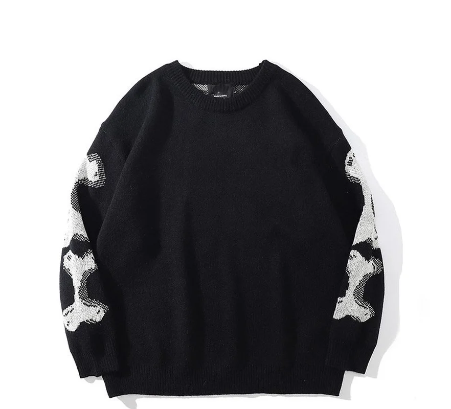 Men Loose Sweaters Black Skeleton Bone Print Pullovers Women Vintage Retro Knitted Sweater Autumn Cotton Pullover Unisex 3XL 5