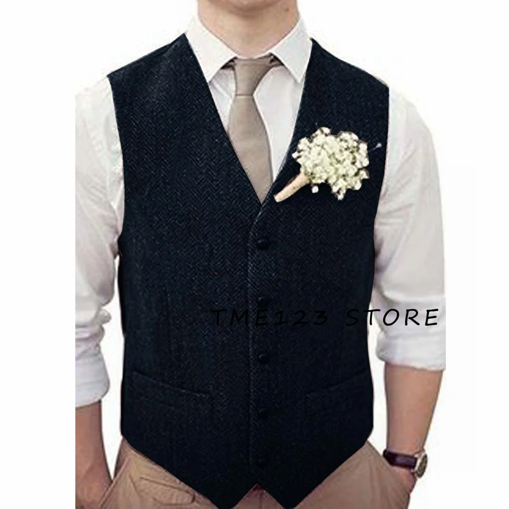 Men's Herringbone V-Neck Single Breasted Wedding Vest Formal Man Suit Jackets Male Vests Elegant Suits Waistcoat