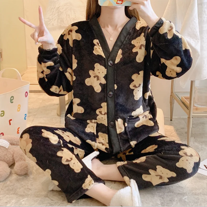 plus size pjs Warm Pajamas for Women Long-sleeved Thick Coral Fleece Cartoon Home Clothes 2-piece Suit Home Tops Winter Flannel Pyjamas Set victoria secret pajamas Pajama Sets