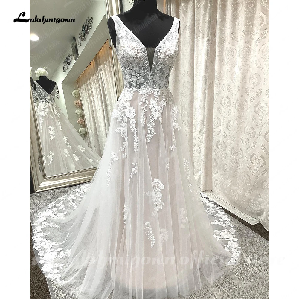 

Lakshmigown Modern Robe V Neck Lace A Line Boho Wedding Dress Sleeveless 2023 Bridal Gown Custom Made Abiti Da Sposa