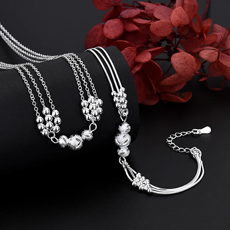 

Luxury Designer 925 Sterling Silver Pretty Lucky Beads Necklace Bracelet Jewelry Set for Women Fashion Party Wedding Couple Gift