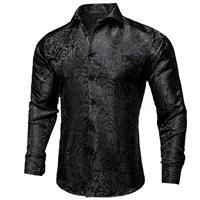Chemises habillées en soie Paisley noire à manches longues pour hommes, chemise sociale de smoking décontractée, vêtements de luxe de styliste pour hommes 2