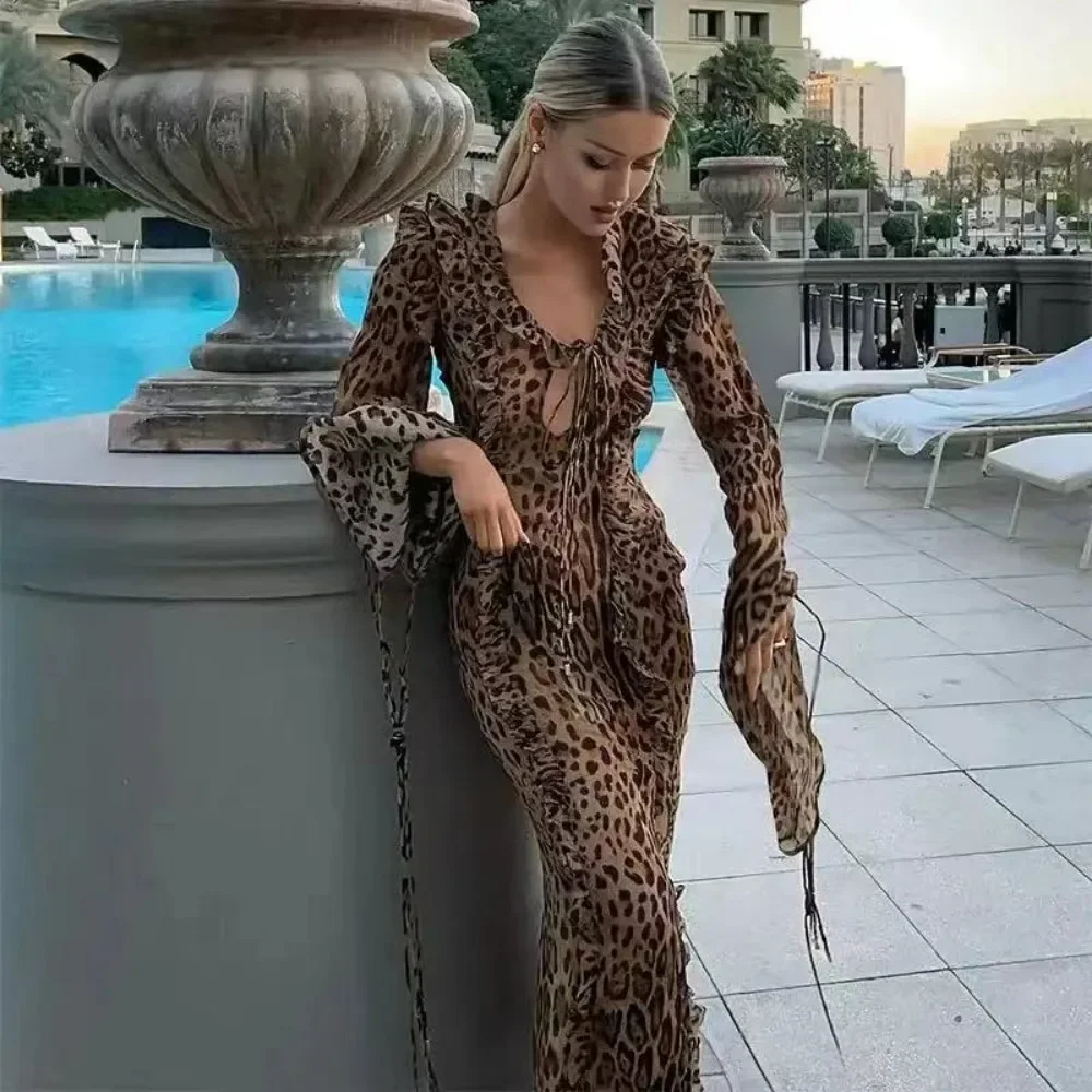 GETADME DSMTRC Women Party Dress Fashion High Waist Chains Design Long Dress V-neck Elegant Satin Autumn Long Sleeve Straight Maxi Dress