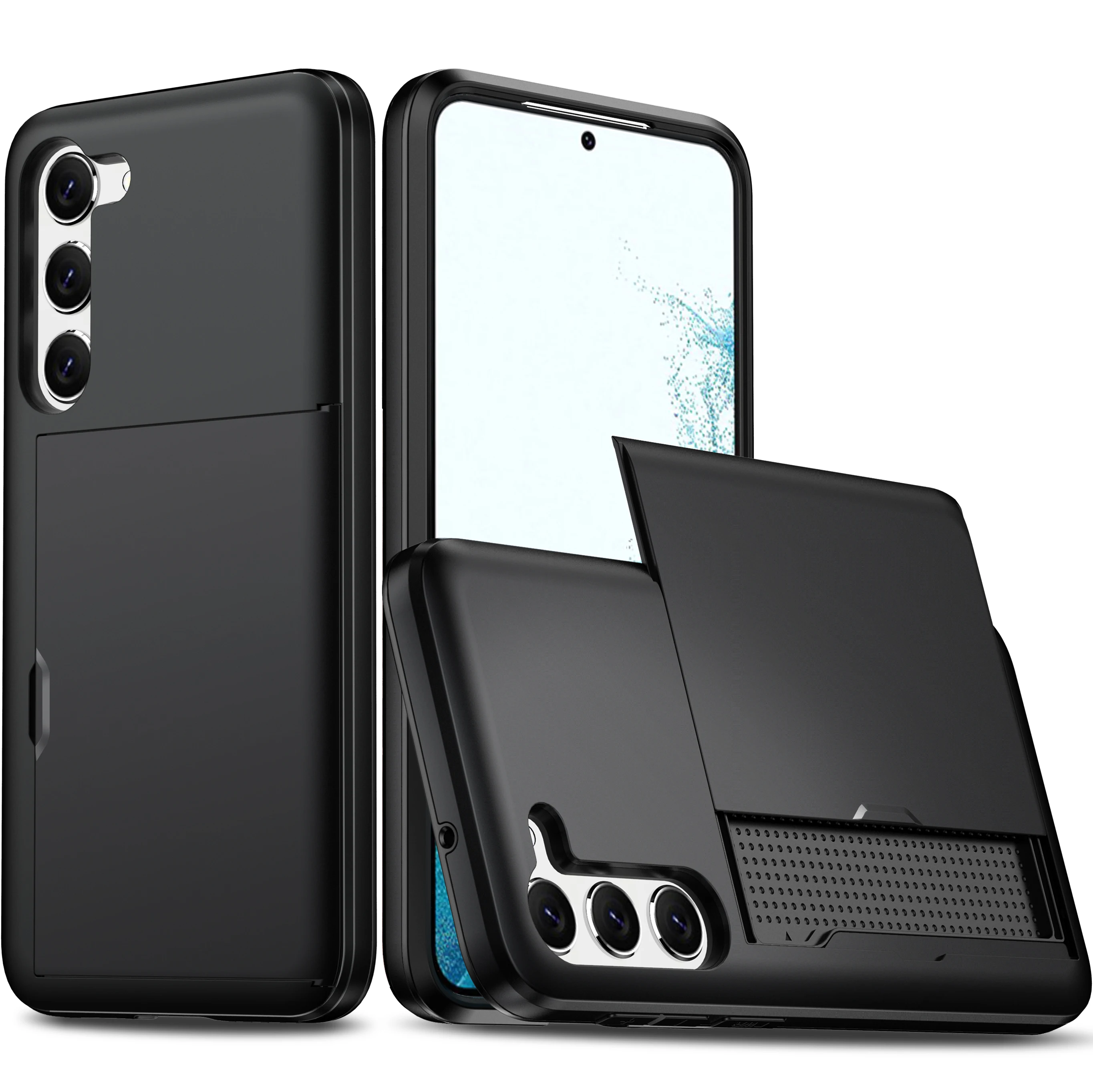 Solid Color Card Holder Slide Slot Hard PC Heavy Duty Protective Phone Case