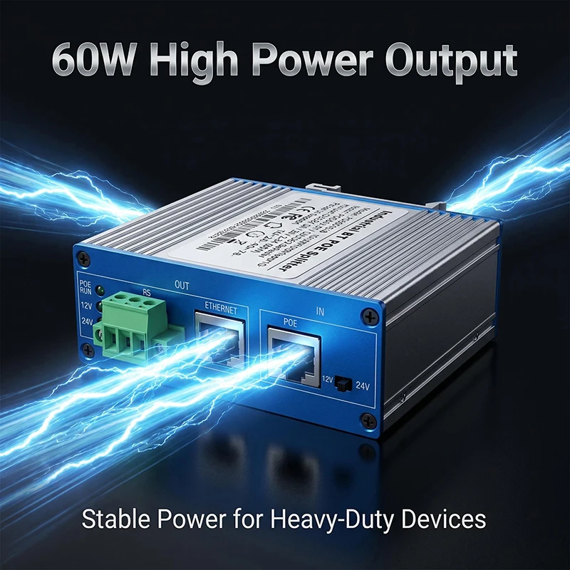 산업용 기가비트 PoE 스플리터, IEEE802.3bt 60W 최대, DIP 스위치 조절 가능 12V/24V DC 출력, 비PoE 카메라, 무선 AP용