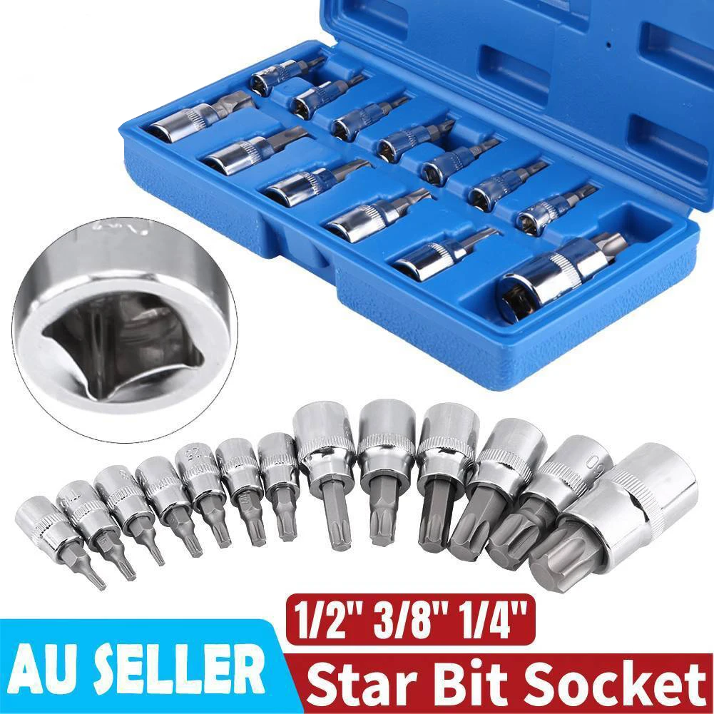 

13pcs Torx Star Bit Socket Set Tamper Proof T8-T70 3/8'' 1/2'' 1/4" Drive T8/T10/T15/T20/T25/T27/T30/T40/T45/T50/T55/T60/T70