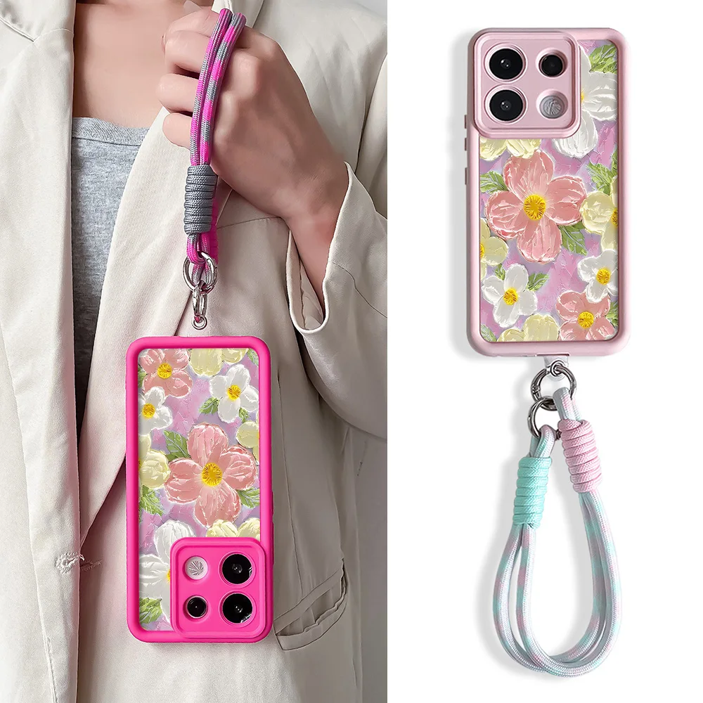 Floral Lanyard Phone Case with Wrist Chain Back Cover