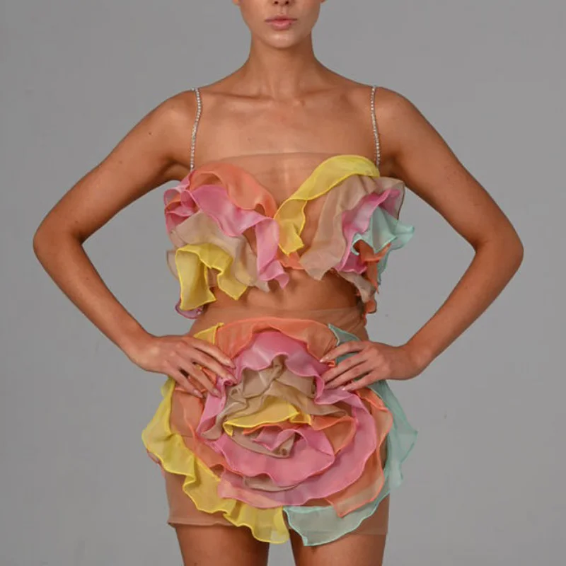 

Chic Women Dress Sweetheart Colorful Floral Short Prom Club Dresses Spaghetti Beading Layered Custom Made