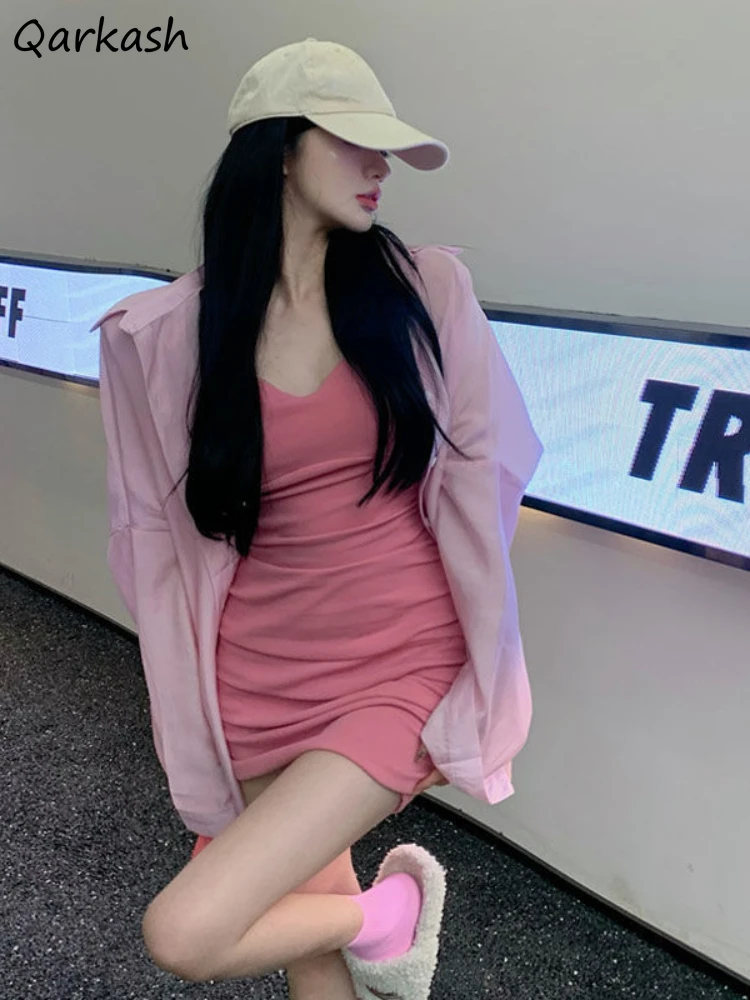 

Women Sets 2 Pieces Solid Long Shirt Folds Sheath Dress Sexy Sweet Summer New Arrival Sun-proof Fashion Street Wear Ulzzang Chic