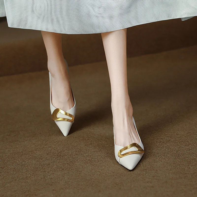 French Pointed Ladies High Heels Romantic Retro Concise Spring Women's Stiletto Metal Buckle Commute Female Single Shoes