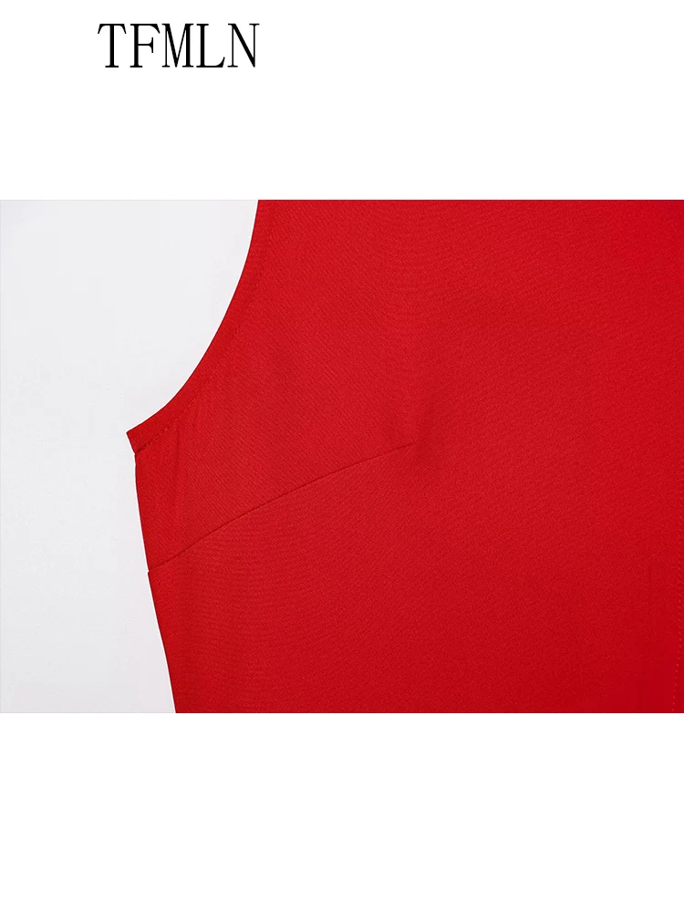 TFMLN Elegant Women Midi Dress With Belt 2025 Summer O-neck Single Breasted Sleeveless Pocket Dresses Front Slit Solid Dress