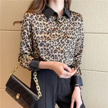 

Women Shirts Leopard Blouses for Women Chiffon Printed Button Up Shirt Woman Pocket Shirts Basic Vintage Tops Long Sleeve Blouse