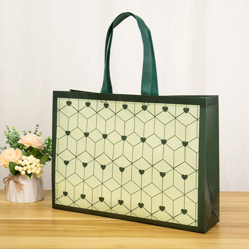 

Reusable Green Heart Printing Shopping Bag Waterproof Non-Woven Fabric Eco Shopping Pouch Folding Storage Bag Travel Grocery Bag