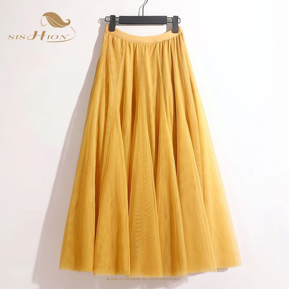 

SISHION Vintage Tulle Skirt Women Elastic High Waist 3 Layers A-line Mesh Skirt Long Bride Tutu Skirts Female Jupe Longue VD3661
