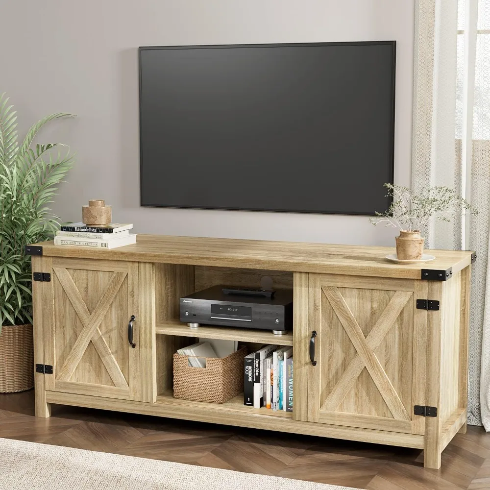 

YESHOMY Modern Farmhouse TV Stand with Two Barn Doors and Storage Cabinets for Televisions up to 65+ Inch, Entertainment Center